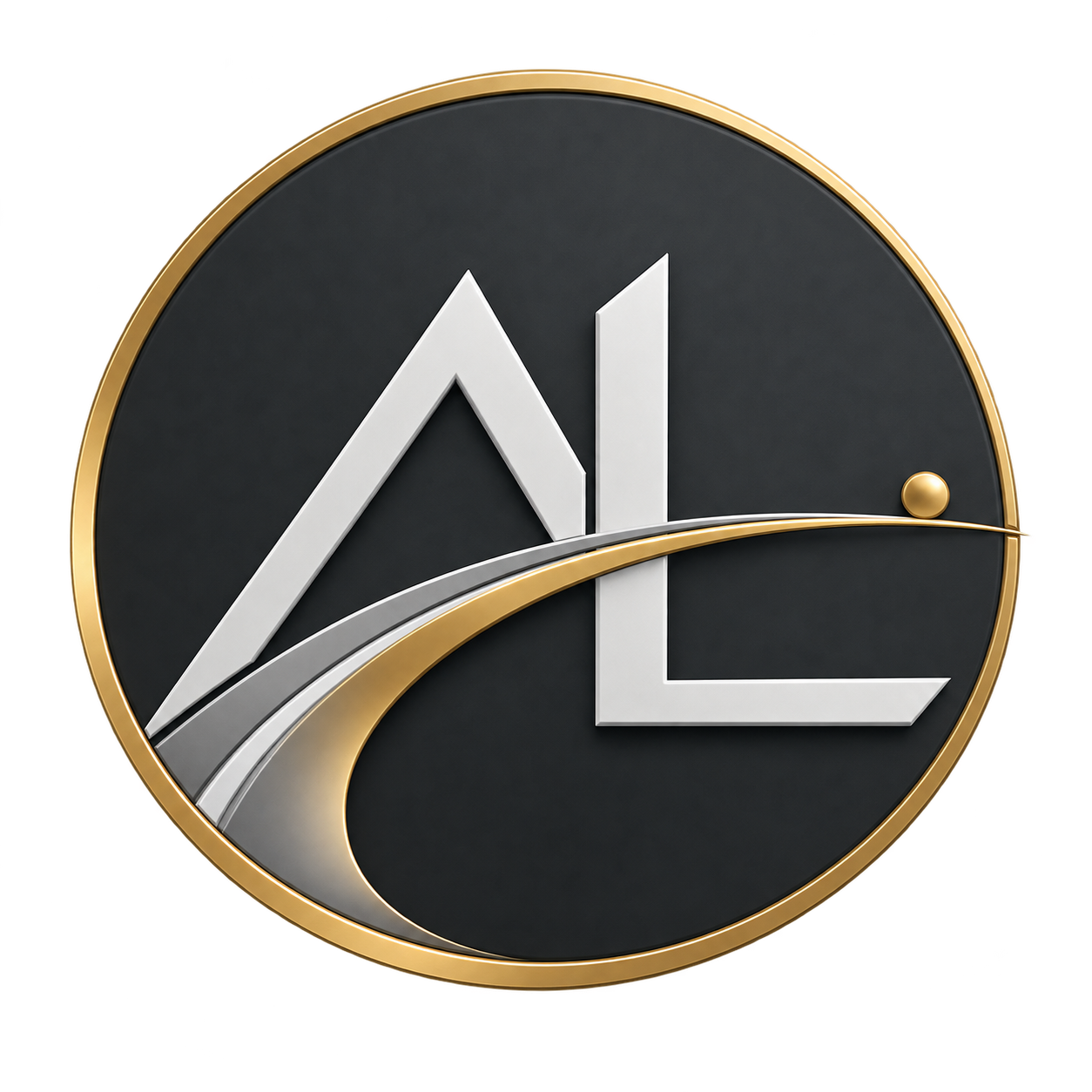 Persönliches Logo von Albert Leins mit den Initialen A und L, geschwungener Bahn, Zielpunkt und kreisförmigem Rahmen in Anthrazit, Silber und Gold.